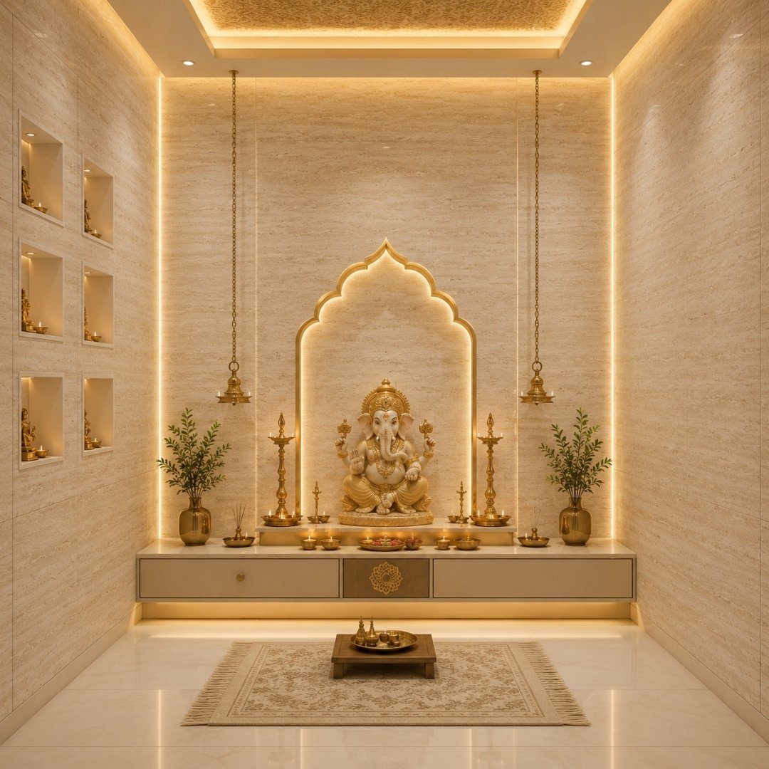 AL Traventino Beige Marble Pooja Room Tiles - My Home Studio
